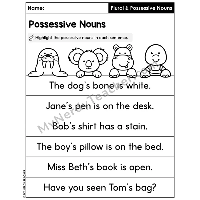 Highlight the Possessive Nouns Worksheet — Sentence Identification