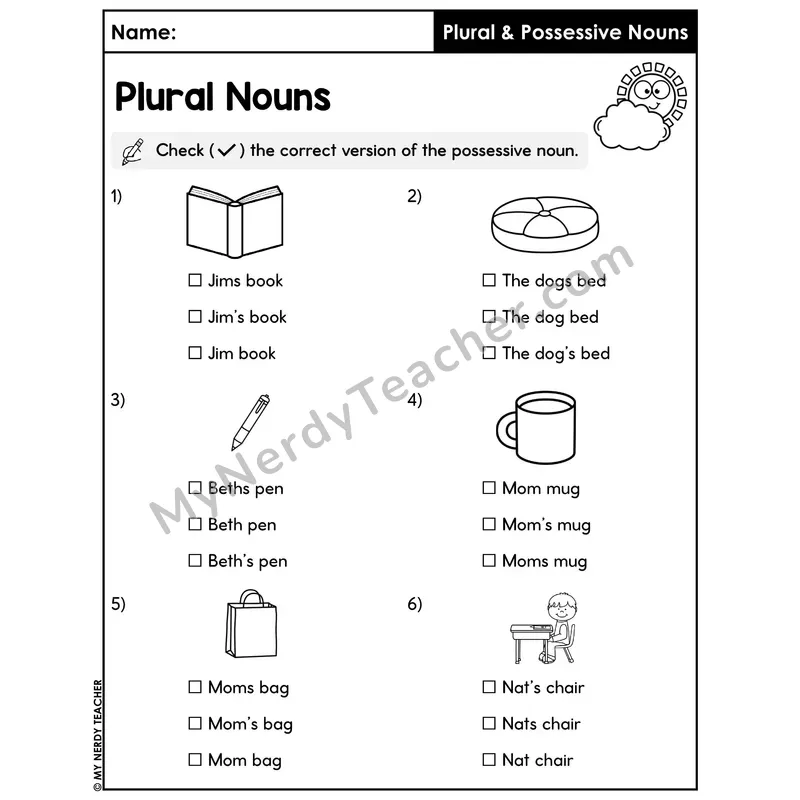 Check the Correct Possessive Noun Worksheet — Multiple Choice Picture