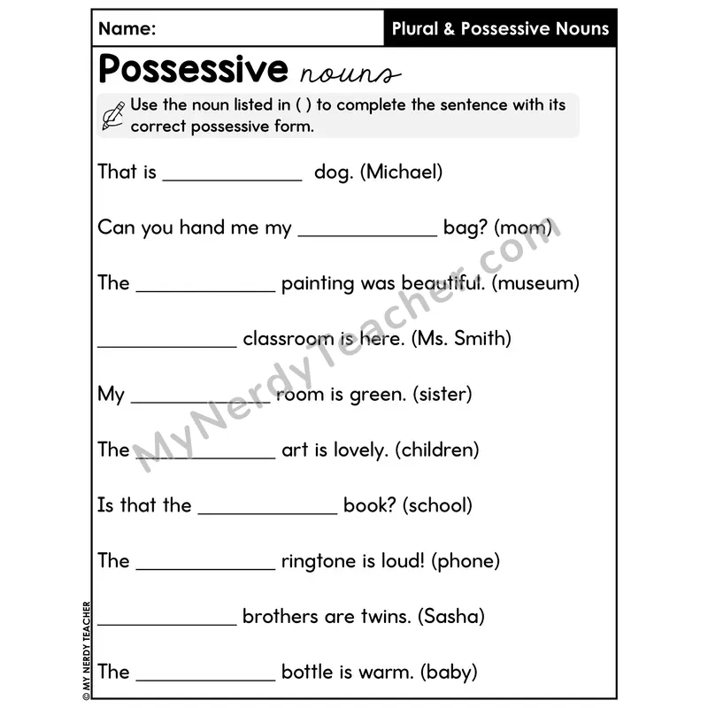 Possessive Noun Sentence Fill In Worksheet — Transform to Possessive
