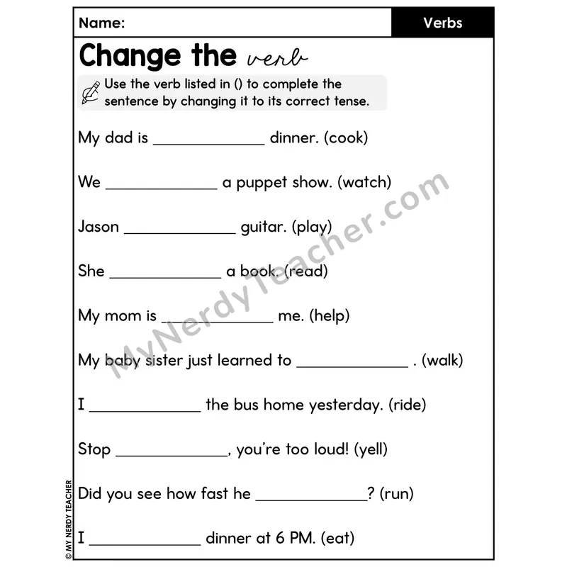 Change the Verb Tense Worksheet — Correct Tense Fill In