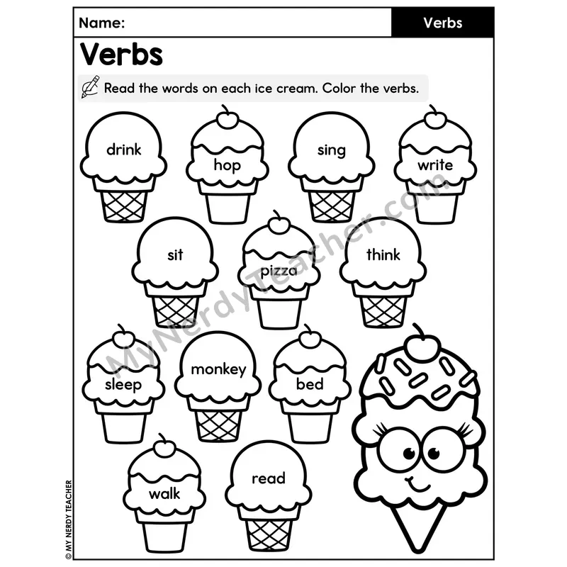Color the Verbs on Ice Cream Worksheet — Action Word Identification