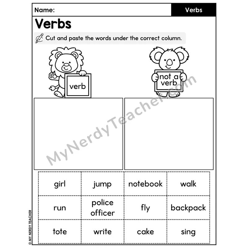 Verbs vs Not a Verb Cut and Paste Sort Worksheet — Action Word Identification