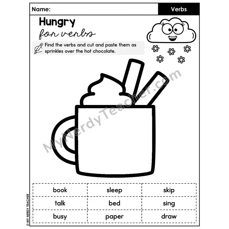Hot Chocolate Verbs Cut and Paste Worksheet — Find the Verbs Sort