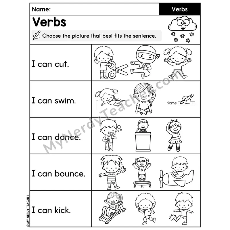 Verbs Choose the Picture That Fits the Sentence Worksheet — Action Word Match