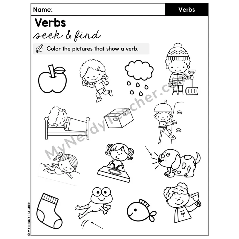 Verbs Seek and Find Worksheet — Color Action Pictures