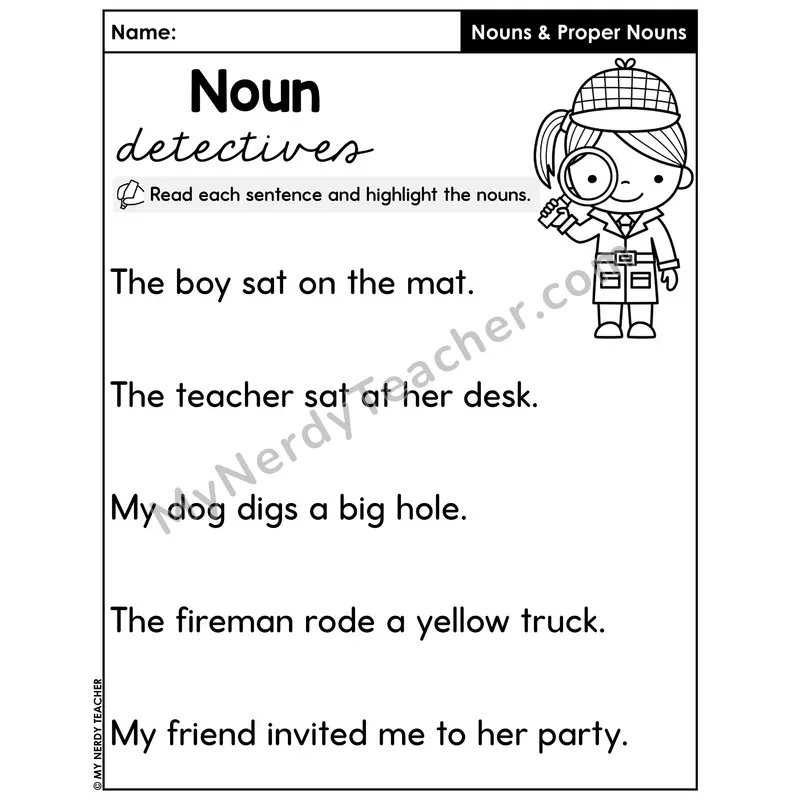 Noun Detectives Worksheet — Read and Highlight the Nouns