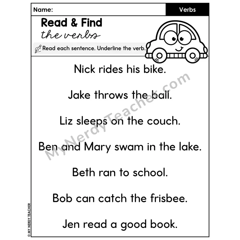 Read and Find the Verbs Worksheet — Underline the Verb in Sentences