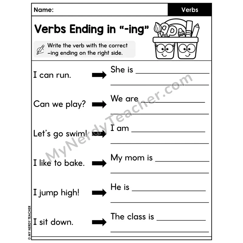 Verbs Ending in ING Worksheet — Present Progressive Transformation