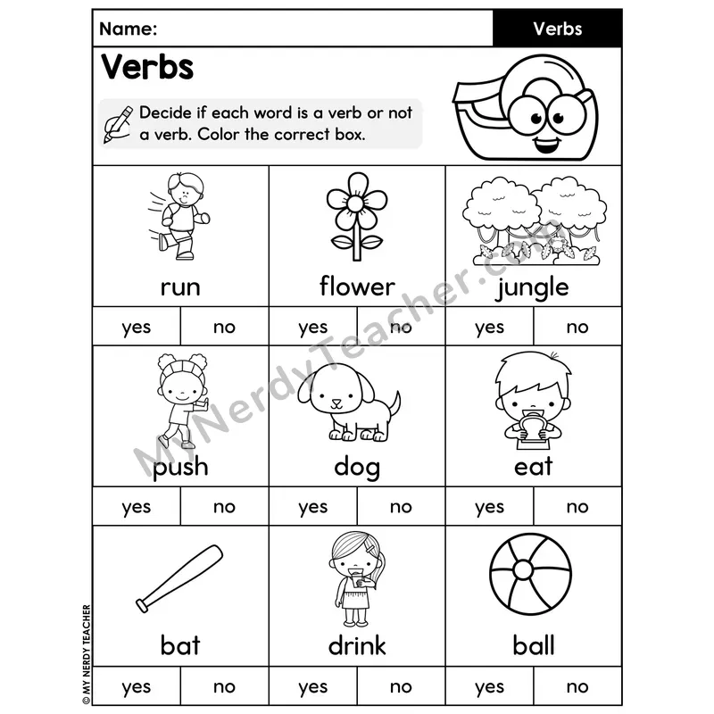 Verb or Not a Verb Yes No Worksheet — Picture Classification