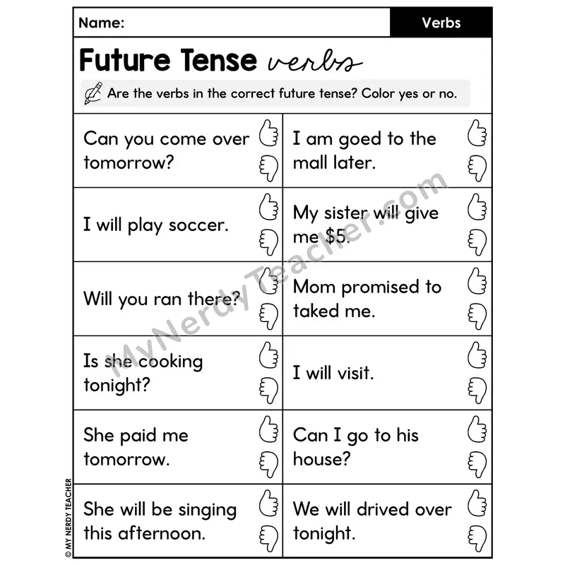 Future Tense Verbs Yes or No Worksheet — Tense Accuracy Check
