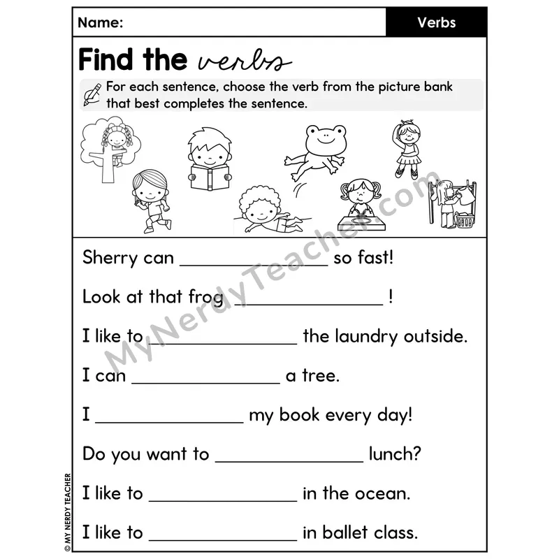 Find the Verbs Picture Bank Worksheet — Fill In Sentences with Actions
