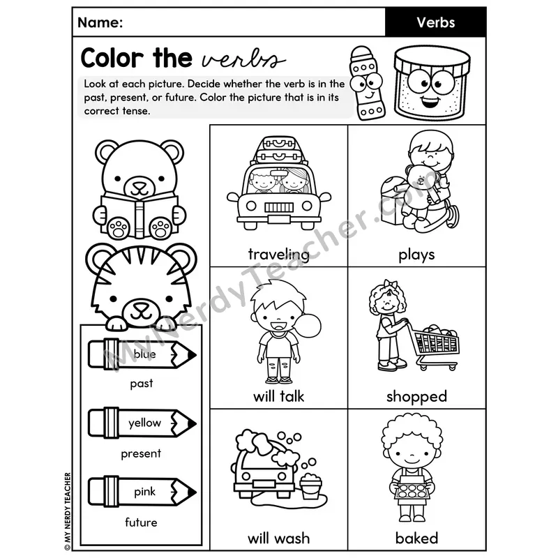 Color the Verbs by Tense Worksheet — Past Present Future Three Way