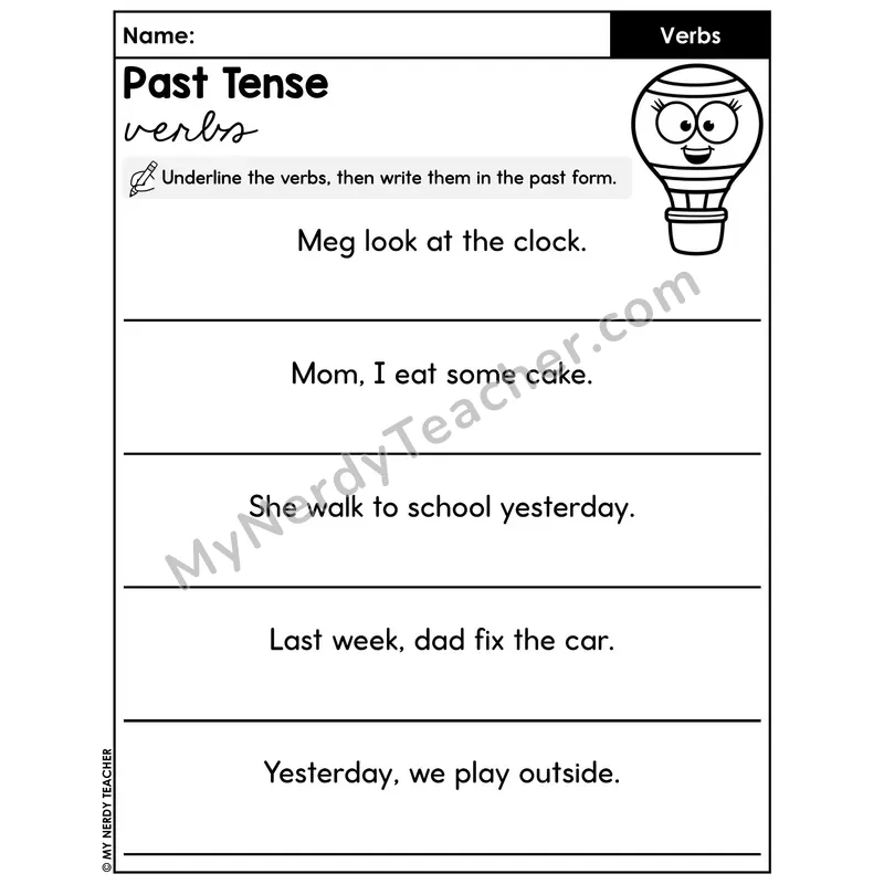 Past Tense Verbs Rewrite Worksheet — Underline and Convert