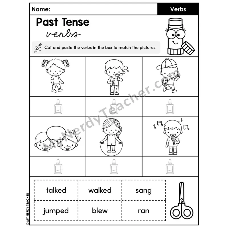 Past Tense Verbs Cut and Paste Match Worksheet — Action Pictures