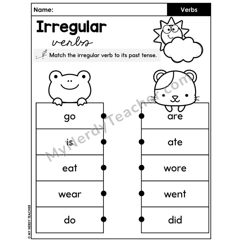 Irregular Verbs Past Tense Matching Worksheet — Go Eat Do Wear