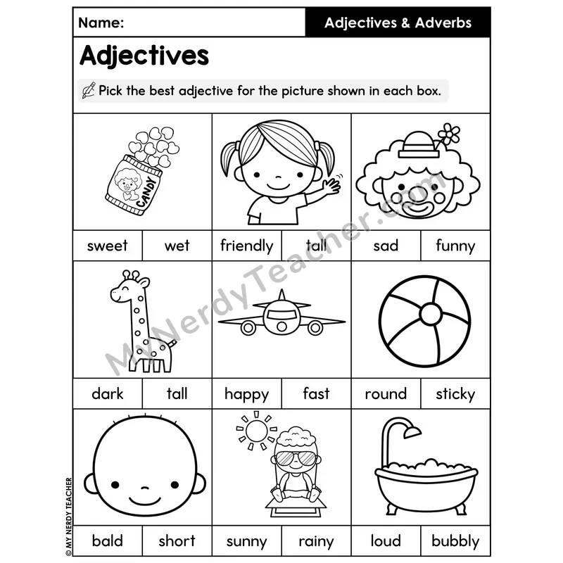 Pick the Best Adjective Worksheet — Picture Multiple Choice Part 2
