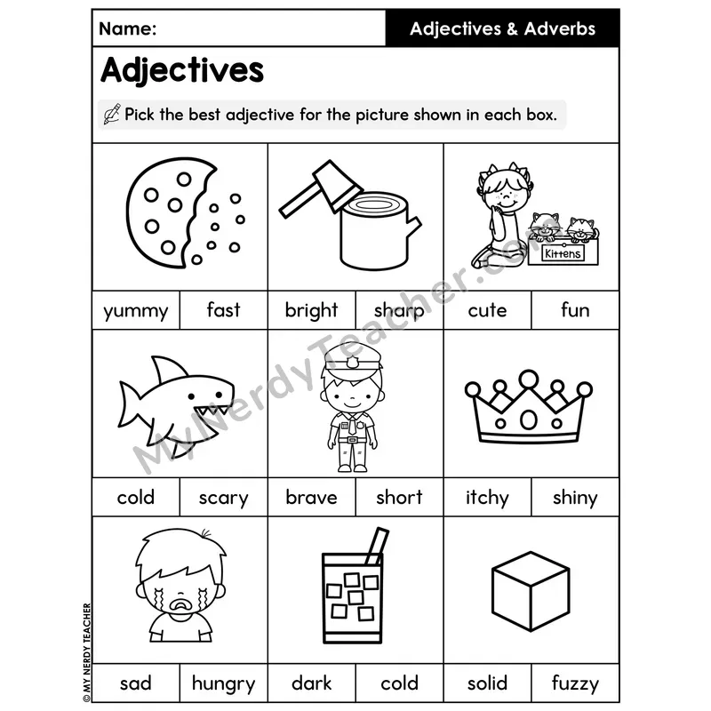 Pick the Best Adjective Worksheet — Picture Multiple Choice Part 1