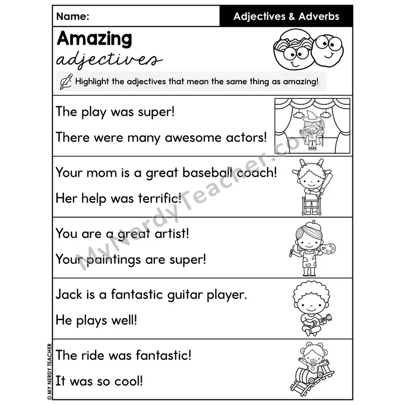 Amazing Adjective Synonyms Highlight Worksheet — Synonyms for Amazing