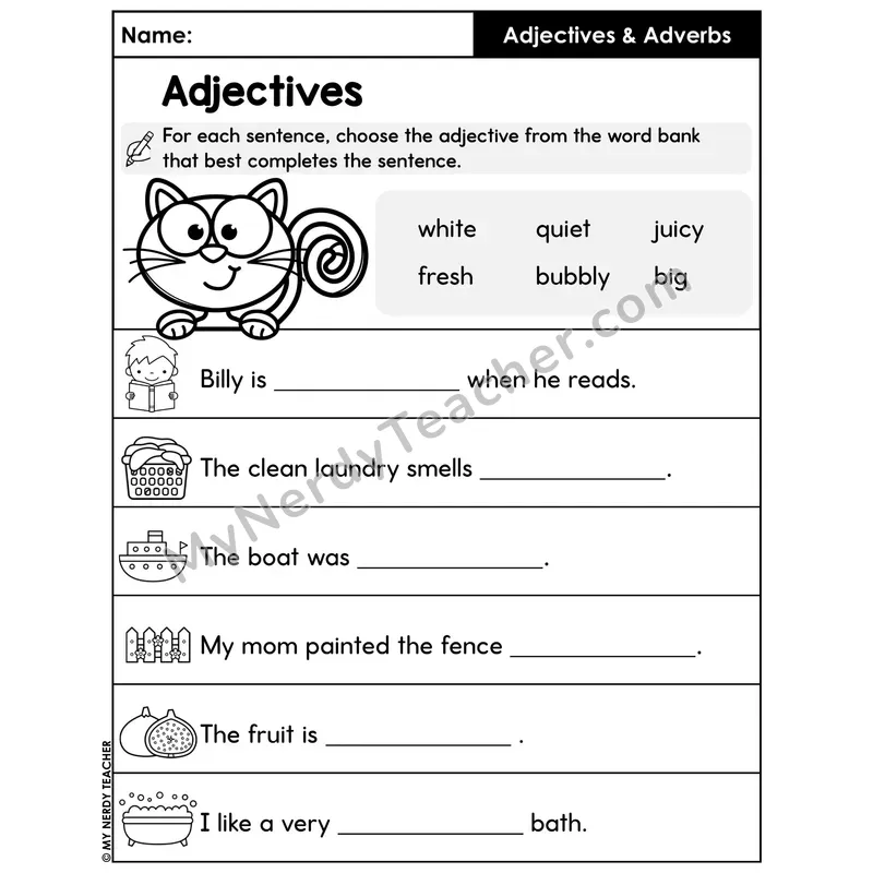 Adjectives Word Bank Fill In Sentence Worksheet — Describing Word Choice