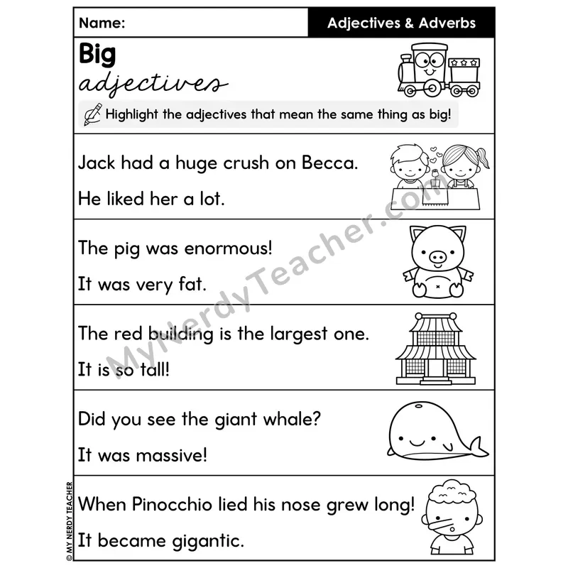Big Adjective Synonyms Highlight Worksheet — Synonyms for Big