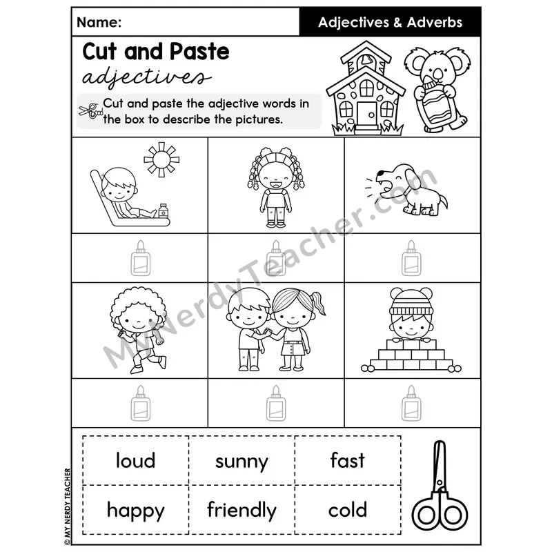 Cut and Paste Adjectives Worksheet — Describe Pictures Part 2