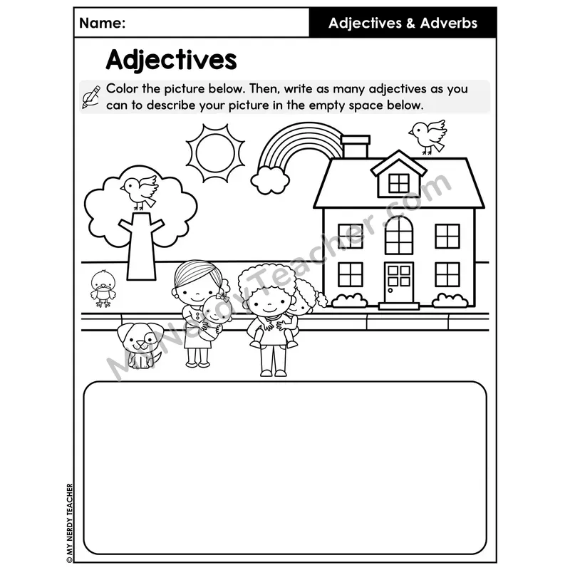 Color and Describe Picture Worksheet — Adjectives for House Scene