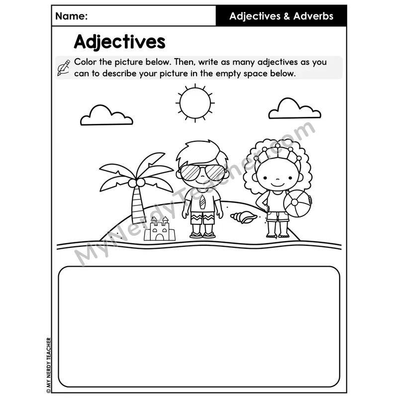 Color and Describe Picture Worksheet — Adjectives for Beach Scene