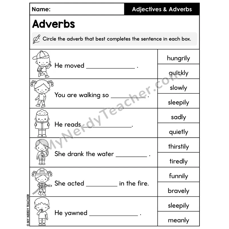 Circle the Best Adverb Worksheet — Sentence Completion Multiple Choice