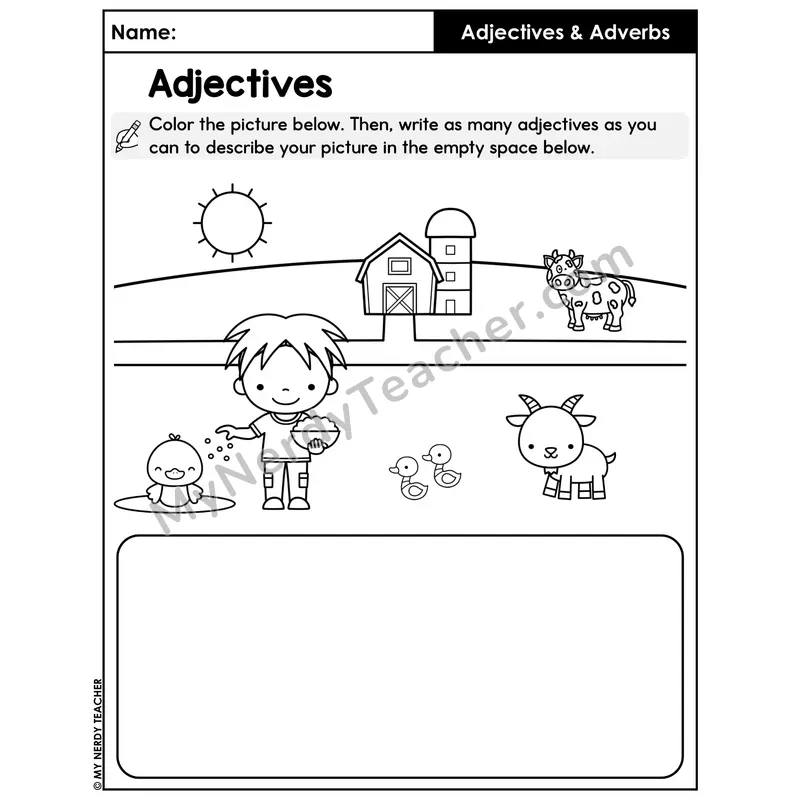 Color and Describe Picture Worksheet — Adjectives for Farm Scene