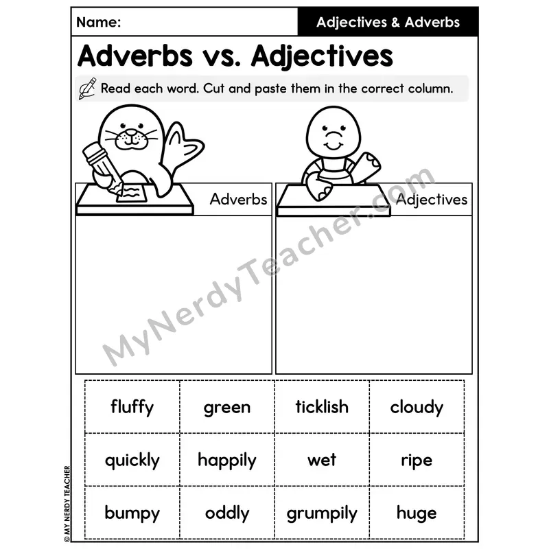 Adverbs vs Adjectives Cut and Paste Sort Worksheet — Word Classification