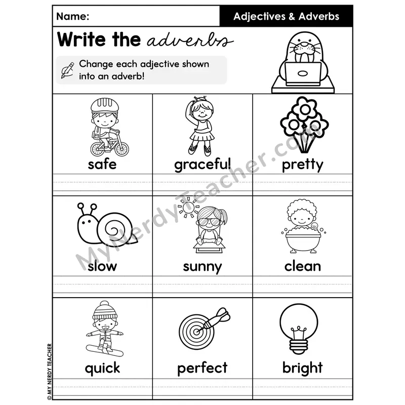 Change Adjectives to Adverbs Worksheet — Add LY Transformation