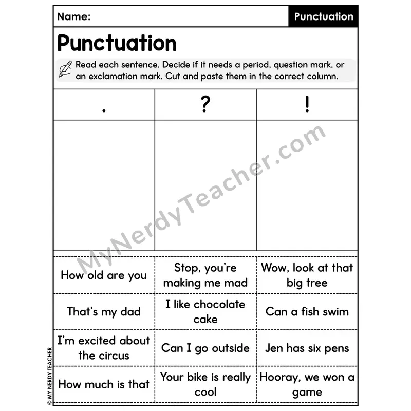 End Punctuation Sort Cut and Paste Worksheet — Period Question Exclamation
