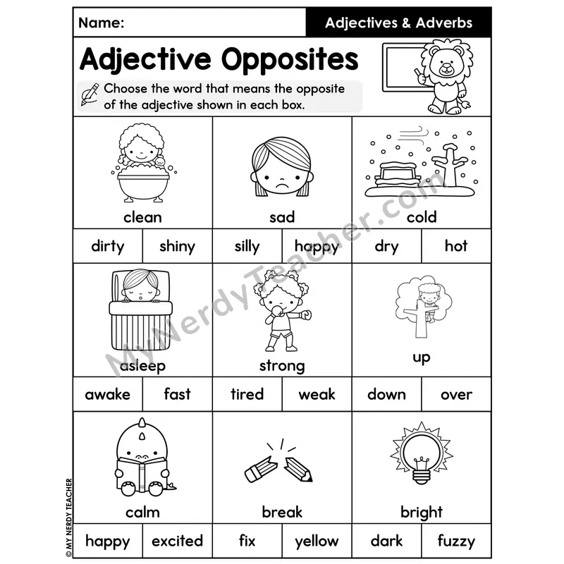 Adjective Opposites Worksheet — Antonym Multiple Choice