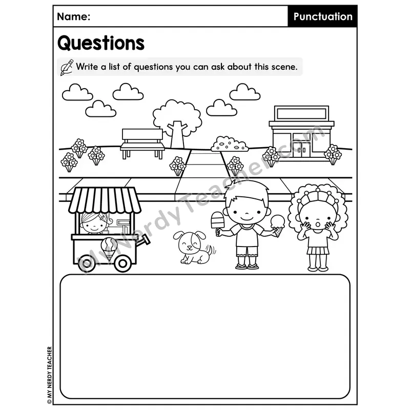 Write Questions About the Park Scene Worksheet — Picture Prompt Question Writing