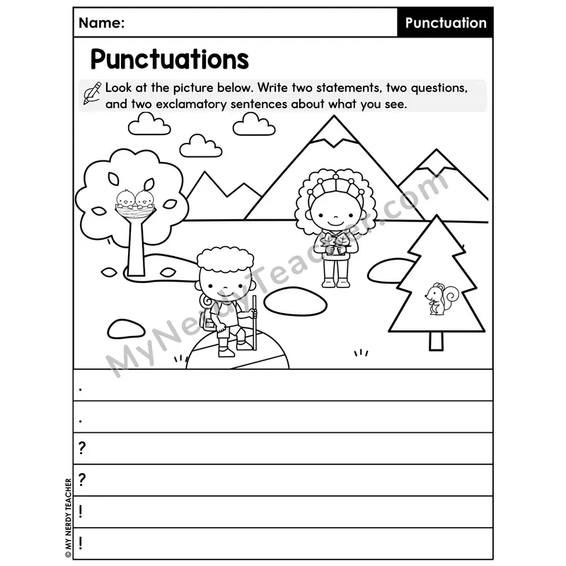Mixed Punctuation Writing Worksheet — Statements Questions Exclamations Hiker Scene