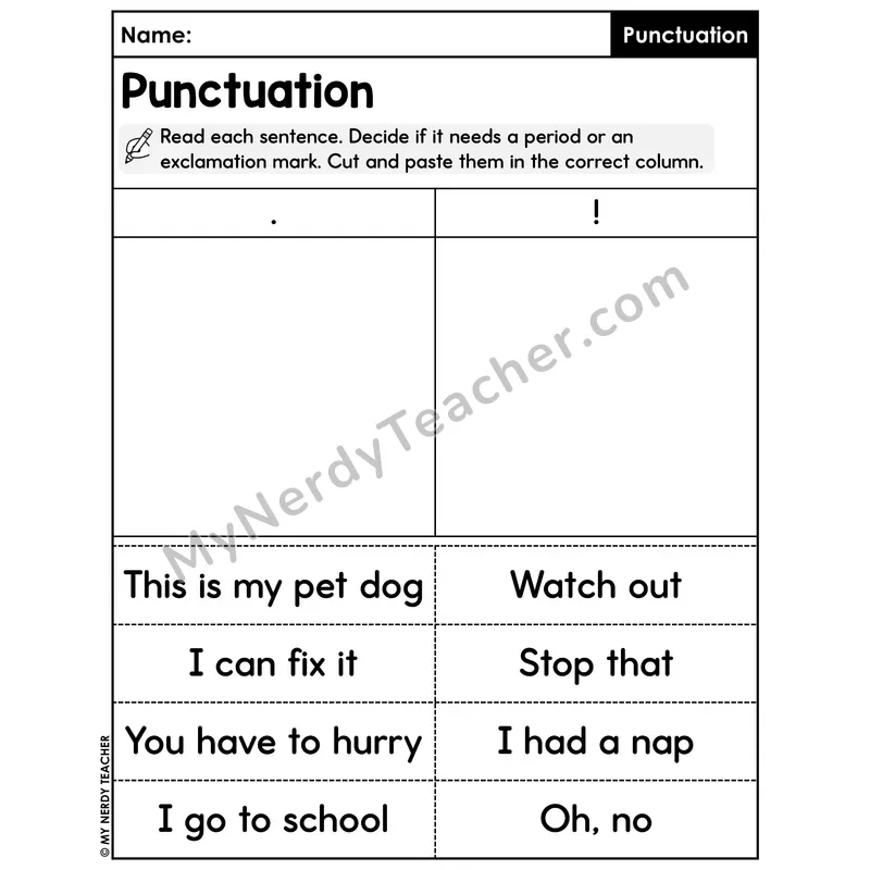 Period or Exclamation Cut and Paste Sort Worksheet — Statement vs Exclamation