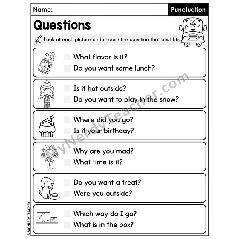 Pick the Best Question for the Picture Worksheet — Question Choice