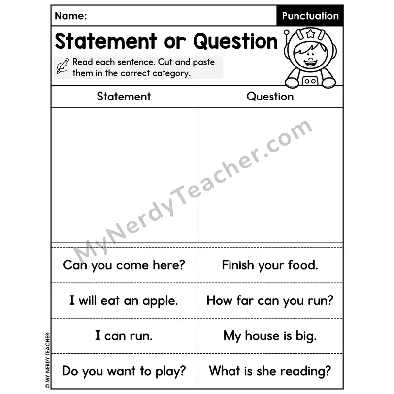 Statement or Question Cut and Paste Sort Worksheet — Sentence Type Sort