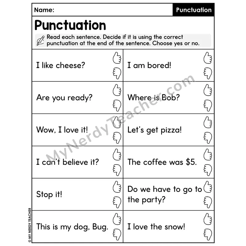 End Punctuation Yes or No Worksheet — Accuracy Check