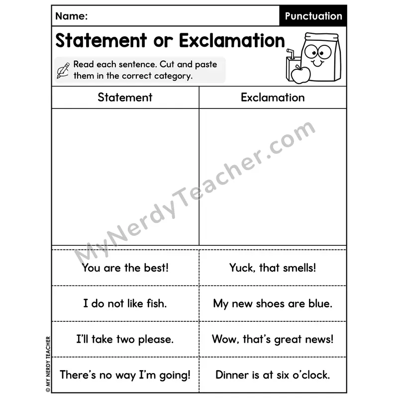 Statement or Exclamation Cut and Paste Sort Worksheet — Sentence Type Classification