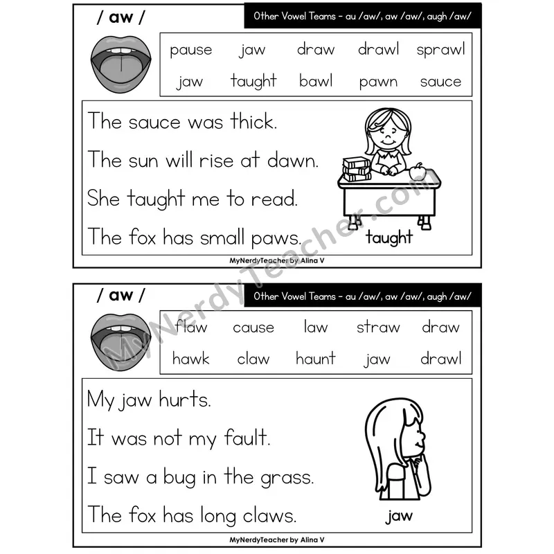 Other Vowel Teams au, aw, augh Phonics Flash Cards — Editable PowerPoint
