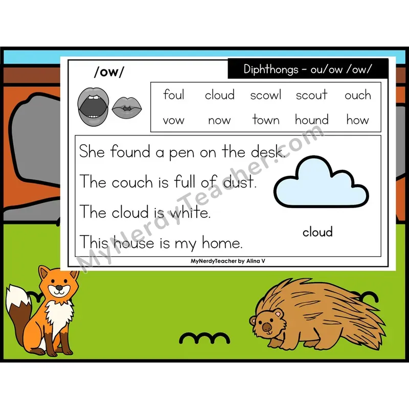 Diphthongs ou, ow Phonics Flash Cards — Digital PowerPoint