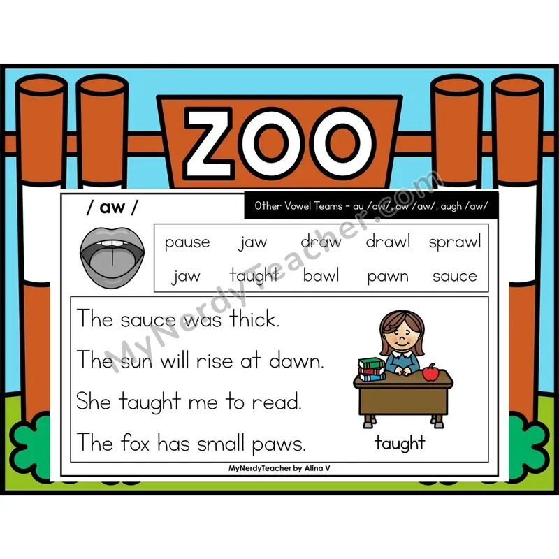 Other Vowel Teams au, aw, augh Phonics Flash Cards — Digital PowerPoint