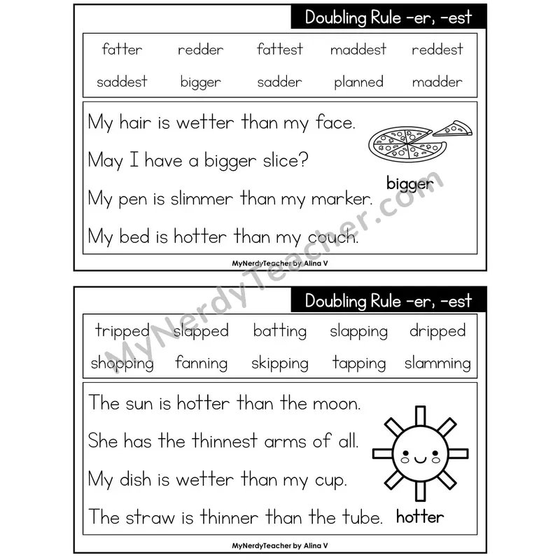 Doubling Rule (-er, -est) Phonics Flash Cards — Printable Practice