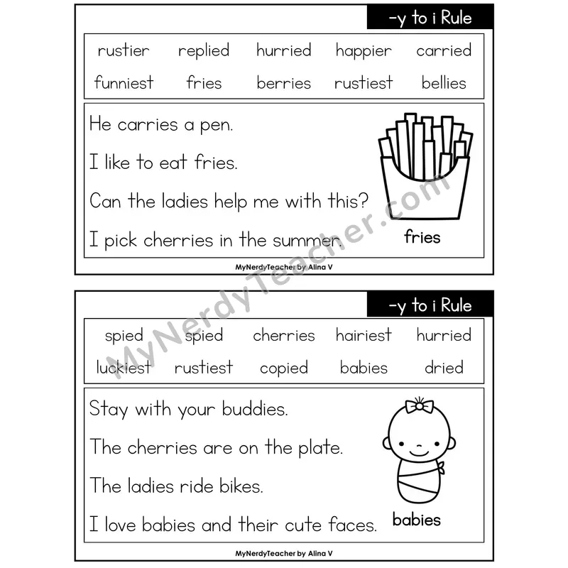y to i Rule Phonics Flash Cards — Printable Practice