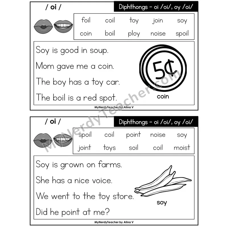 Diphthongs oi, oy Phonics Flash Cards — Printable Practice