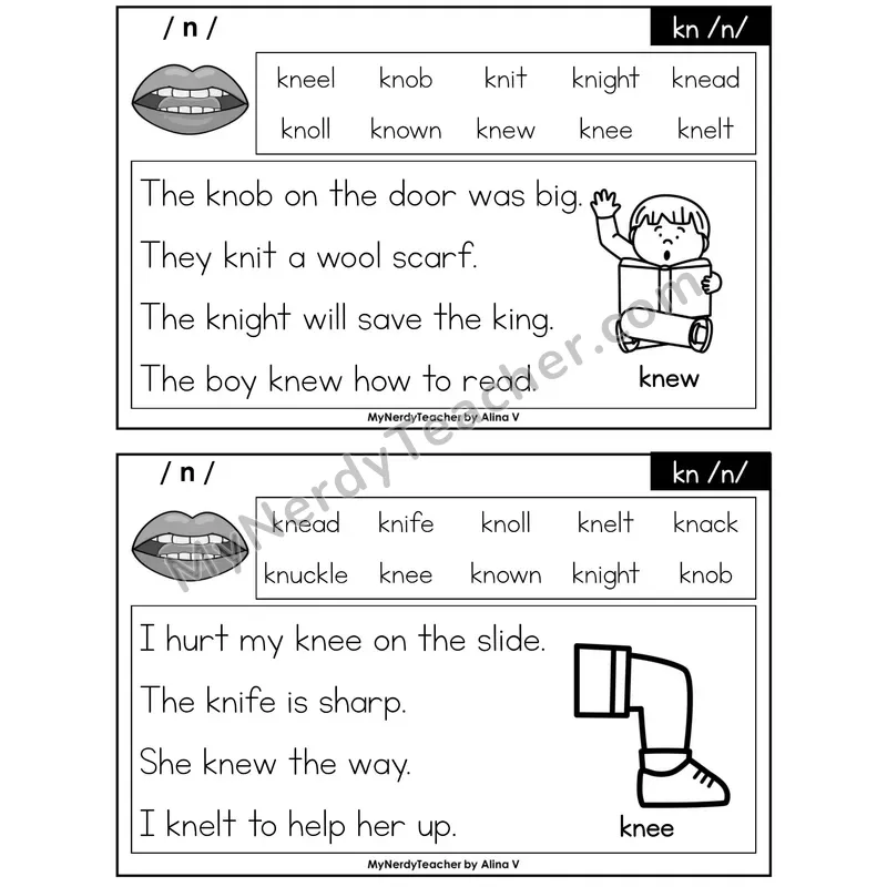 Silent kn Phonics Flash Cards — Printable Practice