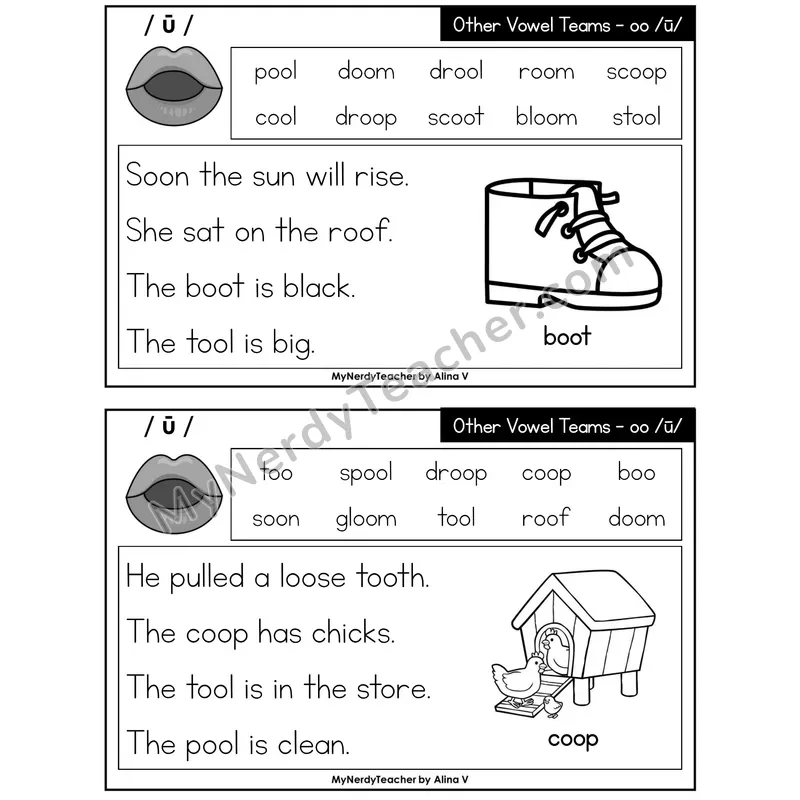 Other Vowel Teams oo (long /oo/) Phonics Flash Cards — Printable Practice