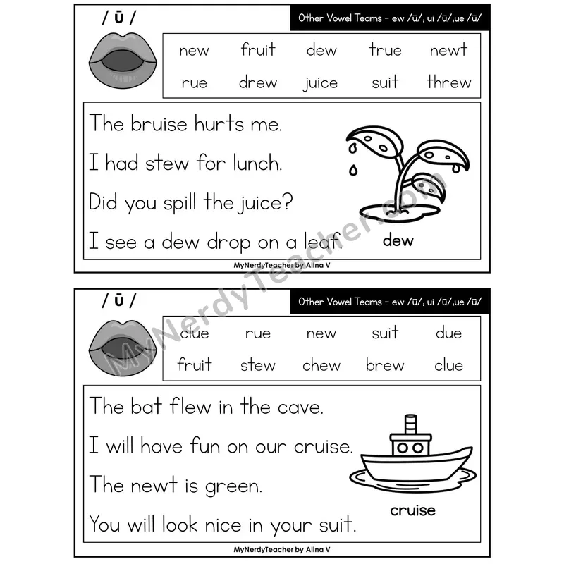 Other Vowel Teams ew, ui, ue Phonics Flash Cards — Printable Practice