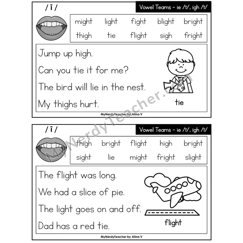 Vowel Teams ie, igh Phonics Flash Cards — Printable Practice